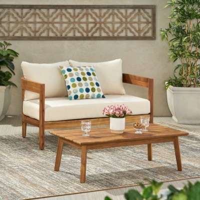 2-Piece Modern Acacia Wood Outdoor Loveseat Set with Cushions, Weather-Resistant Patio Furniture for Small Spaces or Porch–The Pop Home