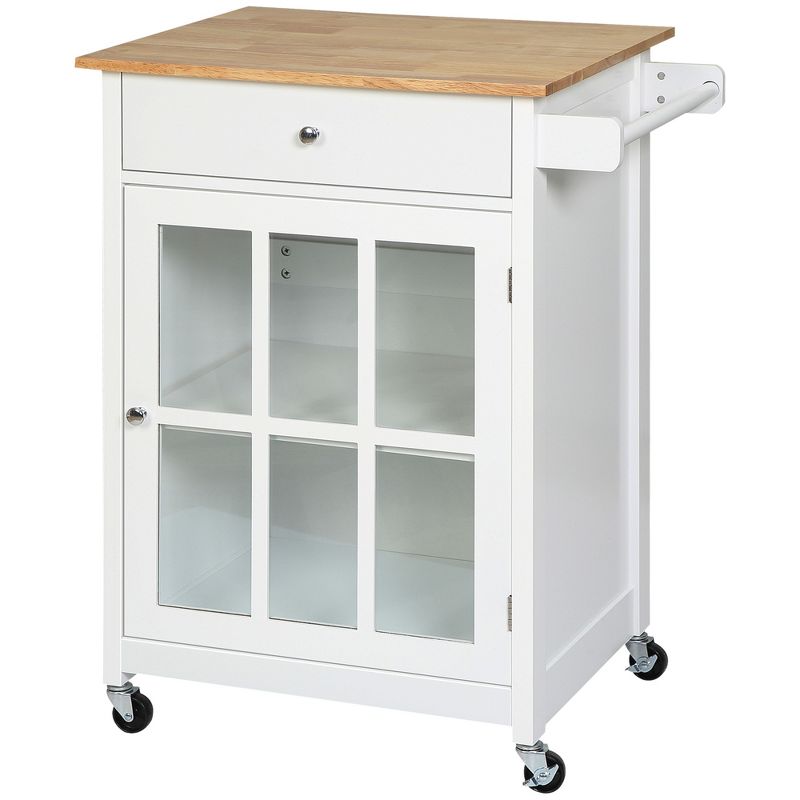 HOMCOM 27" Rolling Kitchen Island Cart with Drawer and Glass Door Cabinet, Kitchen Trolley with Adjustable Shelf and Towel Rack, White, 4 of 7