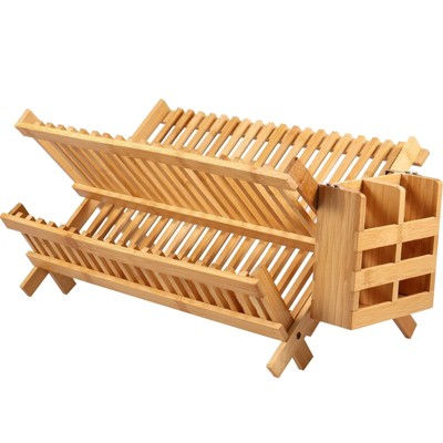 LunaLulinlk Bamboo Dish Drying Rack with Utensil Holder,Collapsible Wooden Dish Drainer Rack,2-Tier Large Folding Drying Holder