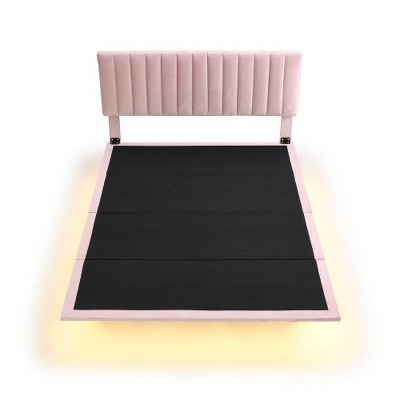 Pink Velvet Floating Platform Bed: Queen Size with Sensor Light and Upholstered Headboard