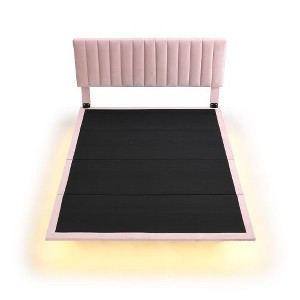 Pink Velvet Floating Platform Bed: Queen Size with Sensor Light and Upholstered Headboard - 1 of 4