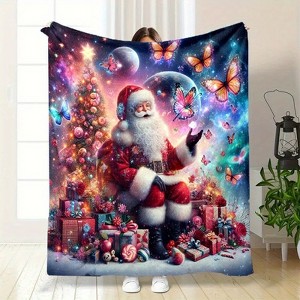Lomsoe Santa Claus with Colorful Butterfly Print Flannel Blanket - All Seasons Soft Cozy Warm Throw Blanket for Bed, Napping, Camping, Travel, Office - 1 of 4