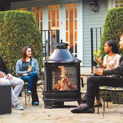Outdoor Fire Pit with Grill, Wood Burning Fireplace with Chimney, Spark Screen Door & Fire Poker, Metal Chiminea Fire Pit for Garden Backyard Patio