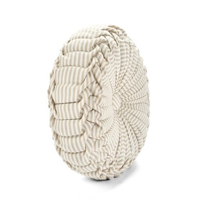 Neutral Ticking Stripe Round Pleated Throw Pillow, 14"
