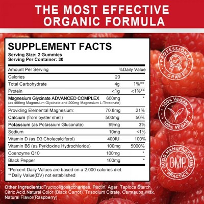 GPGP GreenPeople Magnesium Glycinate Gummies 400mg - with Calcium, Potassium, Vitamin D for Immune Health - 60 Ct (Raspberry)