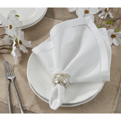 White Cotton Hemstitched Border Cocktail Napkins, Set of 12