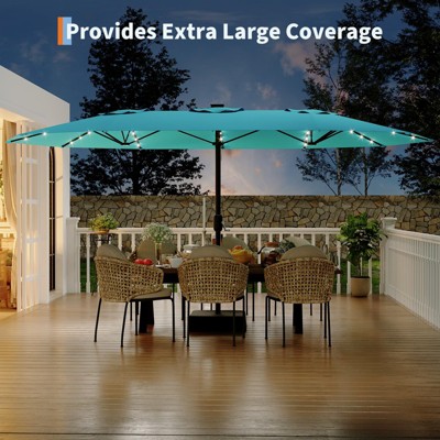 15 FT Rectangular Patio Umbrella with Solar Lights and Base Included - Large Patio Umbrella with Crank Handle for Outdoor Market, Backyard, Pool
