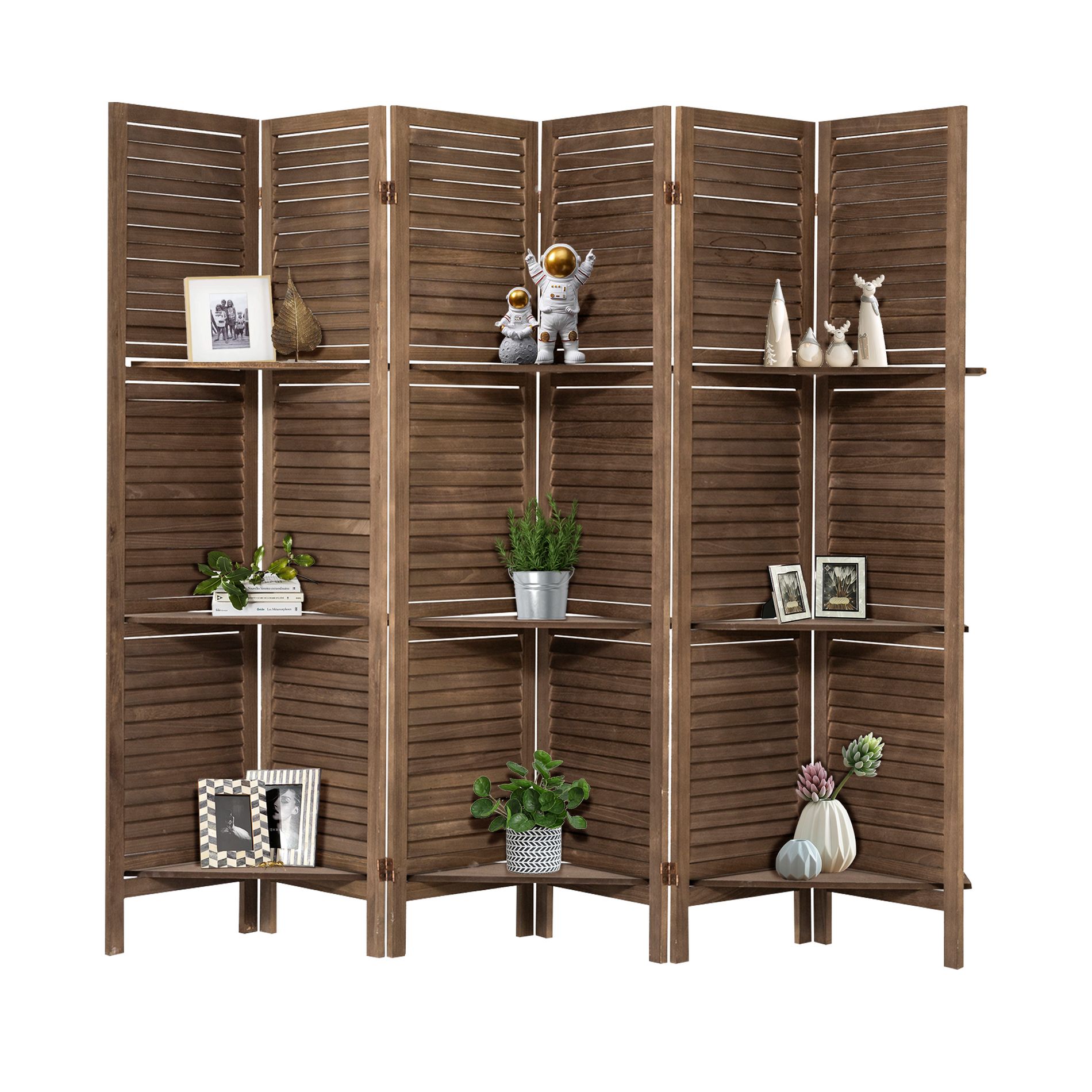 Dovelina 6-Panel Wood Room Divider W/3 Display Shelves 5.6 ft Folding Privacy Partition Screen White/Wood/Brown
