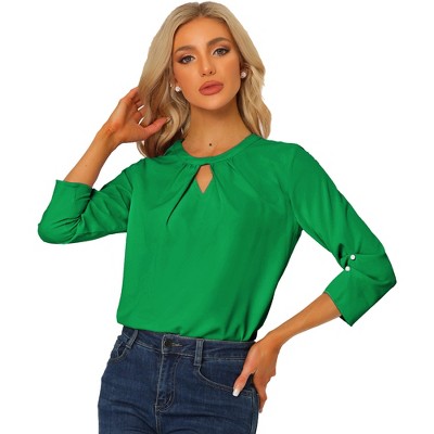 INSPIRE CHIC Women's Work Office Keyhole Pleated Front Ruched 3/4 Sleeve Chiffon Blouse