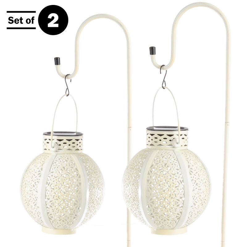 Set of 2 Solar Outdoor Lights - Hanging or Tabletop Rechargeable LED Lantern Set with 2 Shepherd Hooks for Outdoor Decor by Pure Garden (White), 2 of 13