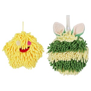REGALWOVEN 2 Packs Fluffy Chenille Rabbit Shape Cute Soft Absorbent Hanging Ball Hand Towels 7" x 7" - 1 of 4