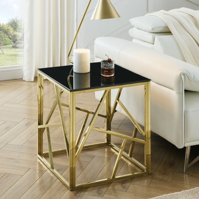 VYNXARIA 20 Inch Modern Glass End Table with Geometric Metal Frame, Accent Table Nightstand Furniture Corner Table for Living Room,Gold