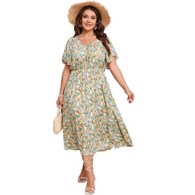 YESFASHION Womens Plus Size Summer Floral Dress V Neck Short Sleeve Tie Front Casual Boho Beach A Line Maxi Dress with Pockets