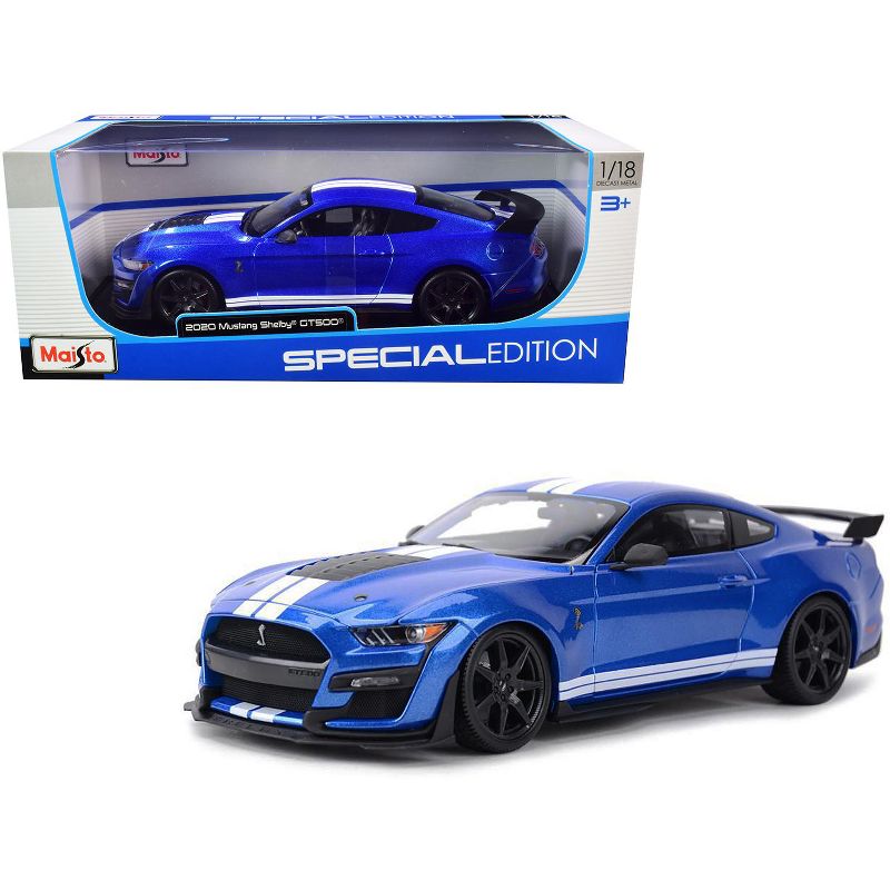 2020 Ford Mustang Shelby GT500 Blue Metallic with White Stripes "Special Edition" 1/18 Diecast Model Car by Maisto, 1 of 4