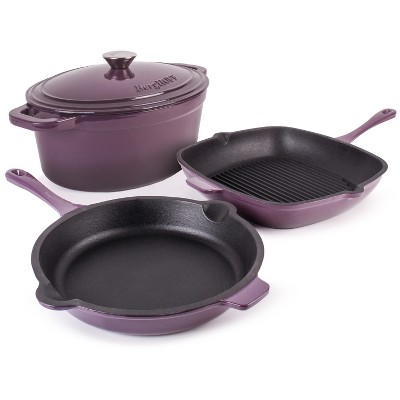 BergHOFF Neo 3PC Cast Iron Set: 3qt. Covered Dutch Oven & 11 inch Grill Pan, Purple