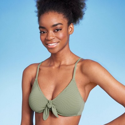 Women's Tie-front Pique Textured Bralette Bikini Top - Wild Fable™ Green Xs  : Target