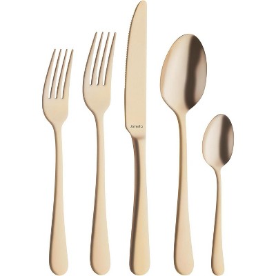 Amefa Austin Gold 20-Piece Premium 18/0 Stainless Steel Flatware Set, Satin Golden Finish, Silverware Set Service for 4, Rust Resistant Cutlery