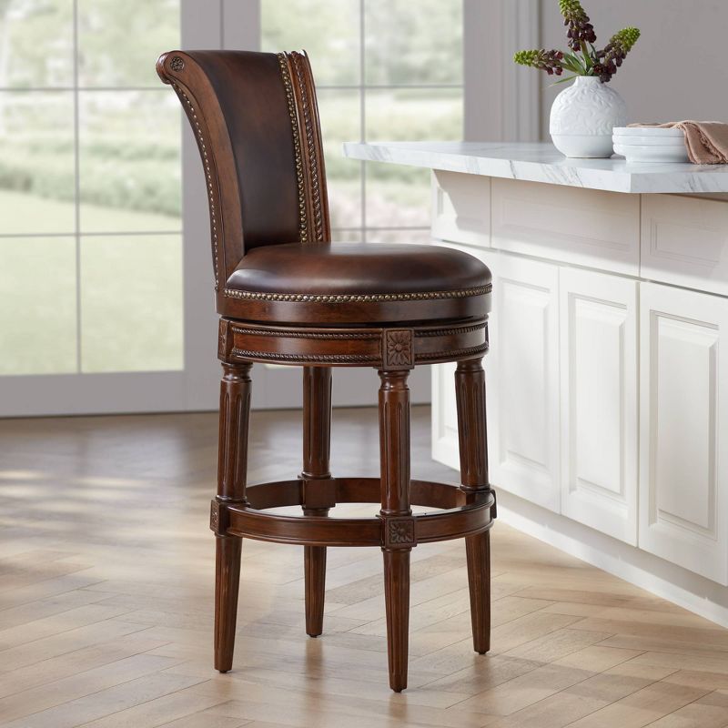 55 Downing Street Walnut Swivel Bar Stool Brown 30 1/8" High Traditional Mocha Leather Cushion with Backrest Footrest for Kitchen Home, 2 of 10