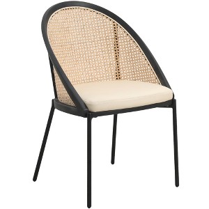 LeisureMod Dining Chair with Vinyl Fabric Seat and Wicker Backrest in Black Stainless Steel Urbane Collection - 1 of 4