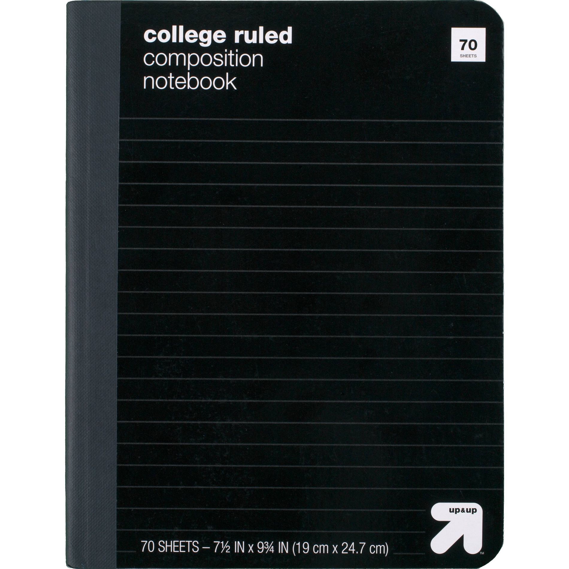 College Ruled Black Hard Cover Composition Notebook - up&up™: 7.5x9.75", 70 Pages, Sewn Binding, Rounded Corners