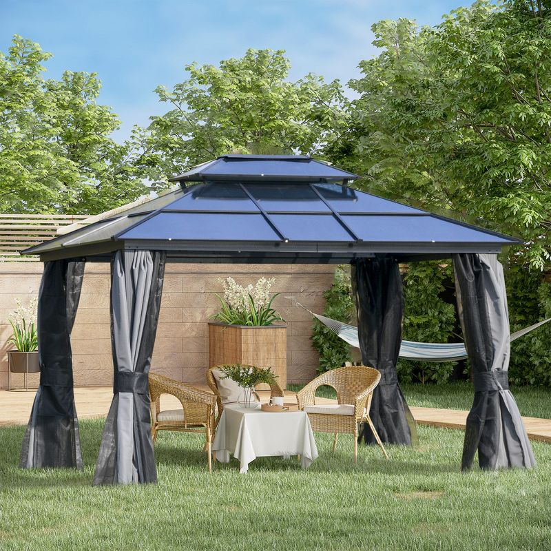 Outsunny Hardtop Gazebo Outdoor Polycarbonate Canopy Aluminum Frame Pergola with Double Vented Roof, Netting & Curtains for Garden, 3 of 8