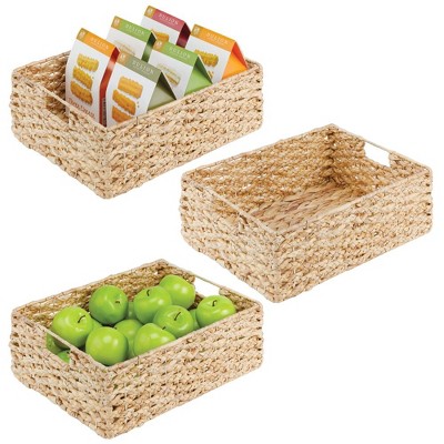 mDesign Hyacinth Braided Woven Pantry Bin Basket, Handles, 3 Pack - 16 x 12 x 6, Natural