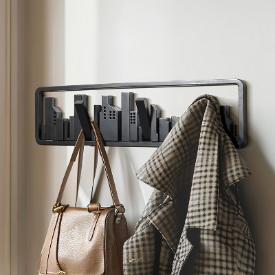 Black Fir Wood Urban Wall-Mounted Coat Rack with 4 Hooks