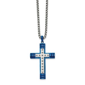 Chisel Stainless Steel Polished Blue IP-plated Cross Pendant on a 22" Box Chain Necklace - 1 of 2