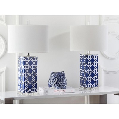 Navy and White Ceramic Table Lamp Set with Cotton Shade