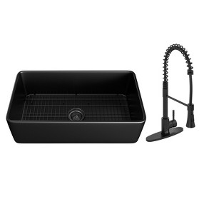 30-inch Fireclay Single Bowl Farmhouse Apron Kitchen Sink with Spring Pull Faucet All-in-one Kit - 1 of 3
