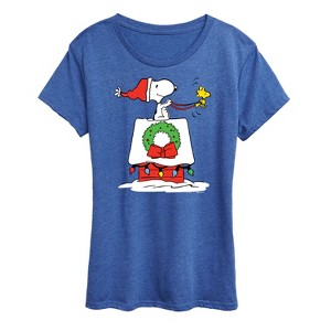 Women's - Peanuts - Snoopy and Woodstock House Sleigh Short Sleeve Graphic T-Shirt - 1 of 4