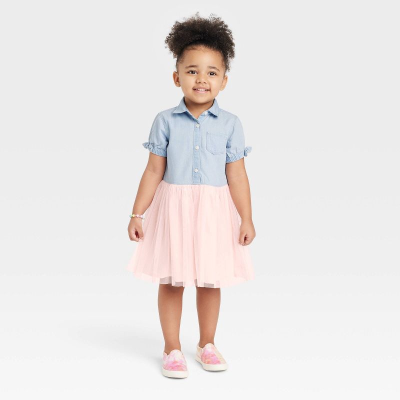 OshKosh B'gosh Toddler Girls' Chambray Short Sleeve Tulle Dress - Light Pink/Blue Denim, 3 of 10