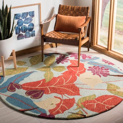 Handmade Blue Floral Wool Round Area Rug, 6'