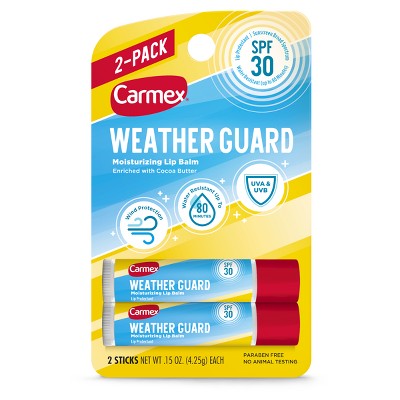 Carmex Weather Guard Broad Spectrum SPF 30 Original Flavor Lip Balm - 0.03oz/2pk: Paraben-Free, Cocoa Butter