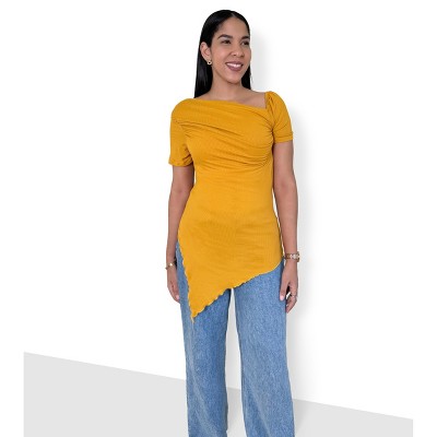 Rebdolls Womens Ribbed Ruched Top with Asymmetrical hem