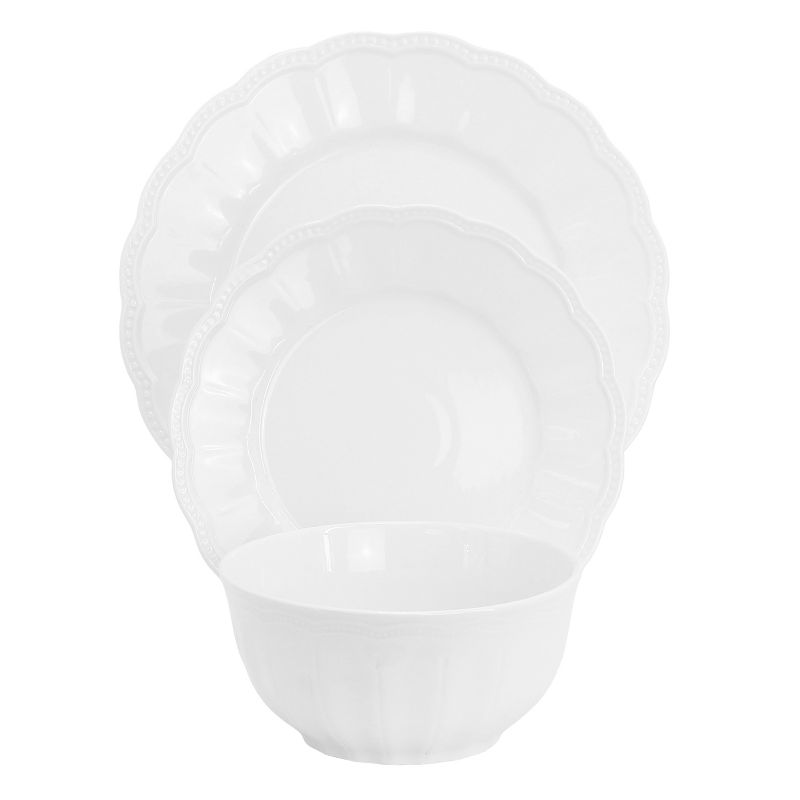 Hometrends Ultra Durable 12 Piece Fine Ceramic Embossed Dinnerware Set in White, 2 of 9
