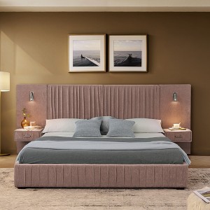 GDFStudio Orla Modern Pleated Chenille Upholstered Bed with Built-in Bedside Table and Lamp - 1 of 4