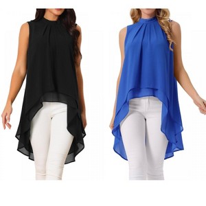 INSPIRE CHIC Women's Casual Tie Back Asymmetrical High Low Sleeveless Mock Neck Flowy Blouse 2 Packs - 1 of 4