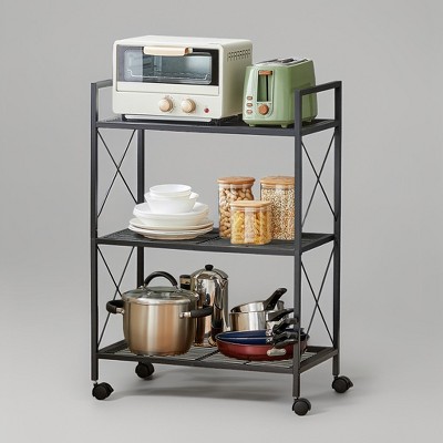 3-Tier Metal Storage Rack with Wheels, Storage Organizer, Plant Stand, Mesh Shelving and X Side Frames, 23.6-Inch Width, for Entryway
