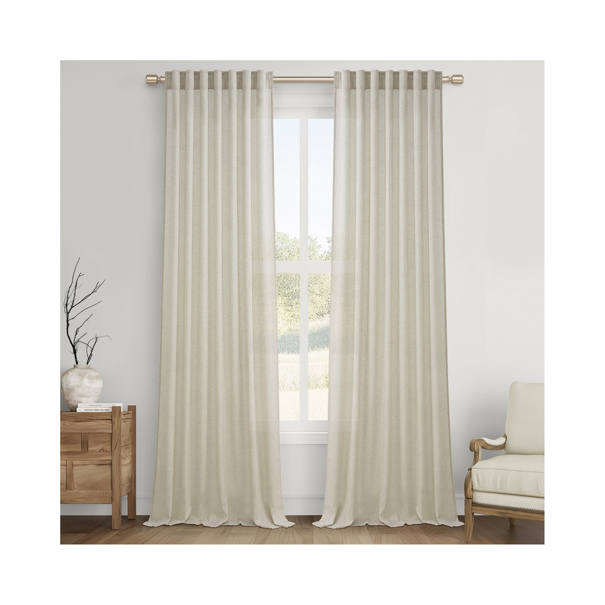 Oatmeal Linen Sheer Curtains 96 Inches Long 2 Panels for Living Room Bedroom Thick Linen Textured Semi Sheer Curtains