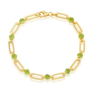 Simona Sterling Silver 4.5mm Round, 3.6cttw Gem, Gold Plated Paperclip Bracelet - Peridot - Green - 7.5 Inch - 1 of 2