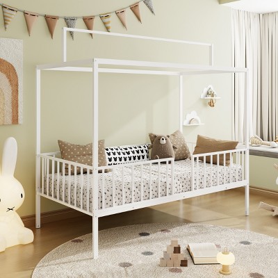 KWPZQEB Montessori House Bed Metal for Kids, Metal Floor Bed with Canopy and Fence, House Bed Frame for Girls & Boys, No Box Spring Needed