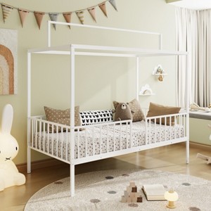 KWPZQEB Montessori House Bed Metal for Kids, Metal Floor Bed with Canopy and Fence, House Bed Frame for Girls & Boys, No Box Spring Needed - 1 of 4
