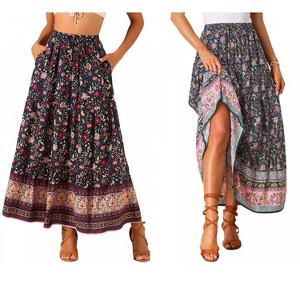 INSPIRE CHIC Women's Boho Casual Floral Printed Elastic Waist Maxi Skirts 2 Packs - 1 of 4