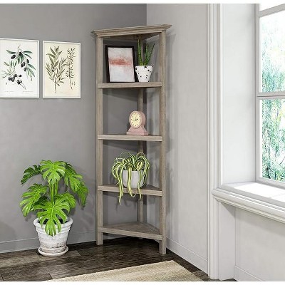 Cottage Charm Washed Grey Wood Corner Bookcase, 59.75"