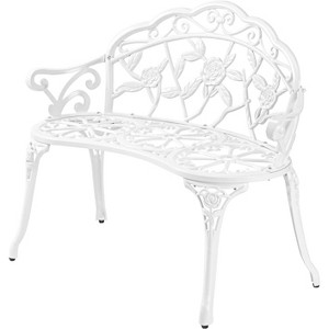 VINGLI 38.5" Outdoor Metal Bench, Cast Aluminium Frame Antique Finish Chair, Rose Accented Porch Decor Deck Furniture for 2 Person Seat (White) - 1 of 4