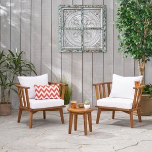 GDFStudio Lorie Outdoor Acacia Wood 3 Piece Club Chair Chat Set with Water Resistant Cushions, Teak/White - 1 of 4