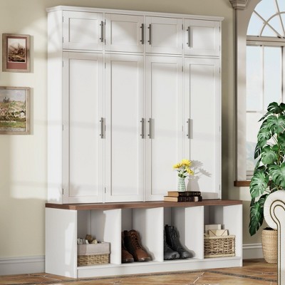 Lycvki MDF Entryway Hall Tree with 4 Hidden Hooks and Walnut Seating Bench