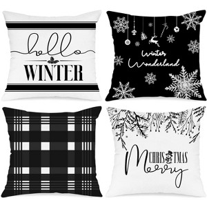 Hello Winter Merry Christmas Throw Pillow Covers 18x18 Set of 4, Decorative Black and White - 1 of 4