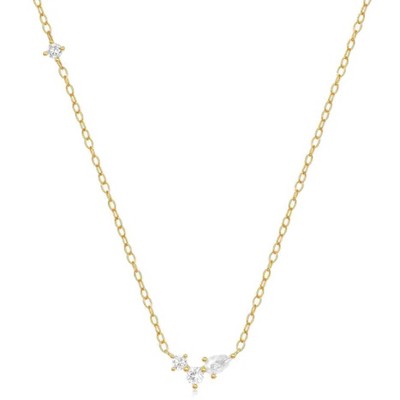 Hollywood Sensation 18K Gold Plated Sterling Silver Necklace with Three Round and One Pear Cut Cubic 17 Inches Gold